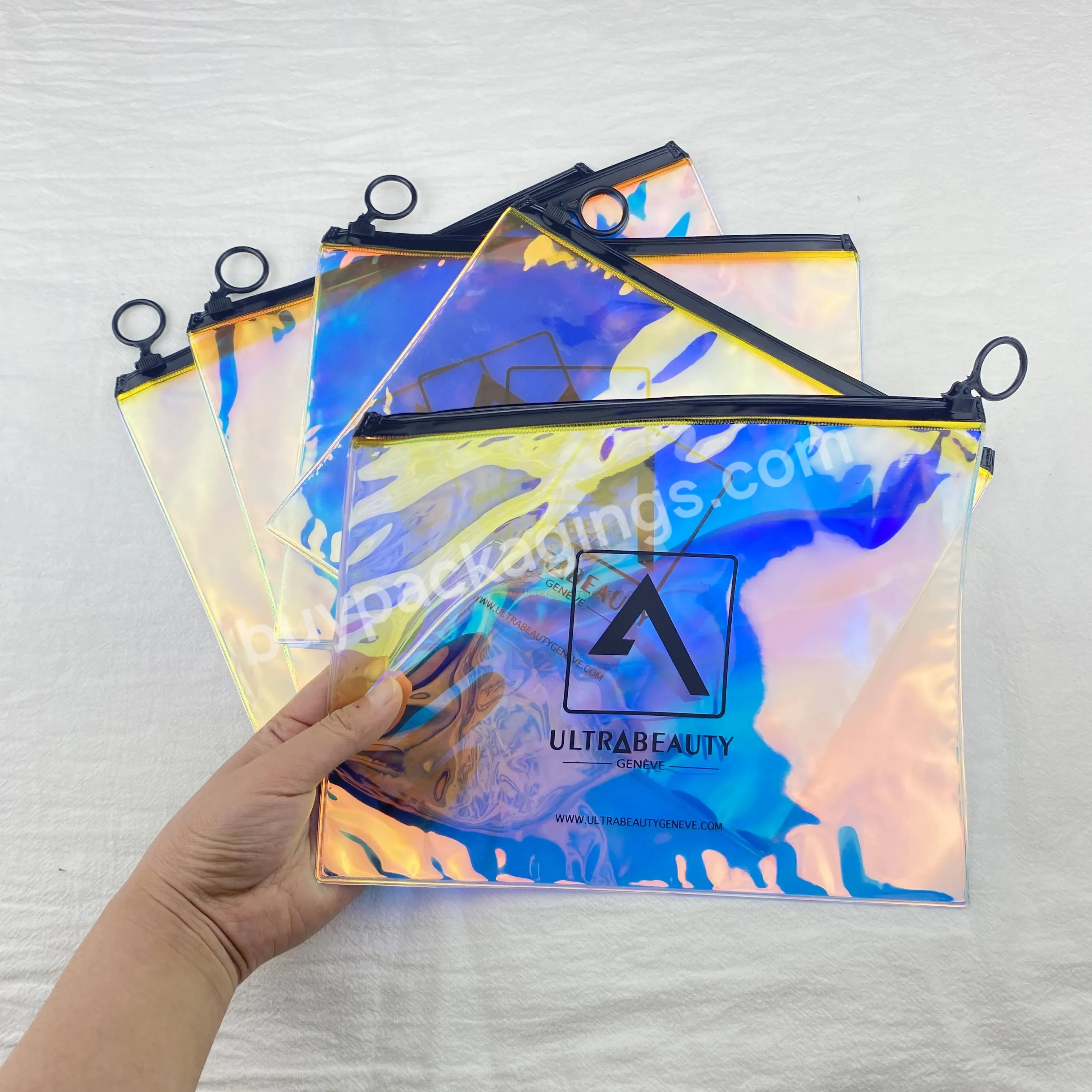 Custom Pvc Holographic Cosmetic Zipper Bags Printed With Logo Of Plastic Zipper Bags