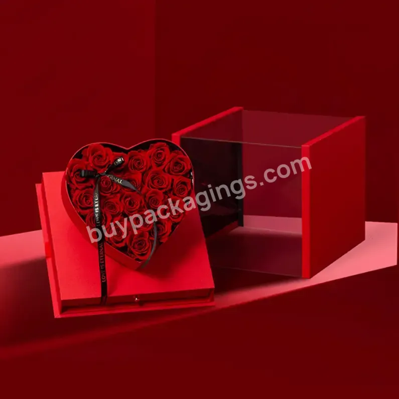Custom Red New Large Heart-shaped Flower Packaging Box Drawer Flower Box With Pvc Window Paper Decoration Gift Boxes