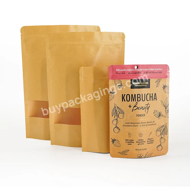 Custom Resealable Kraft Paper Stand Up Zip Lock Pouch Bag With Window