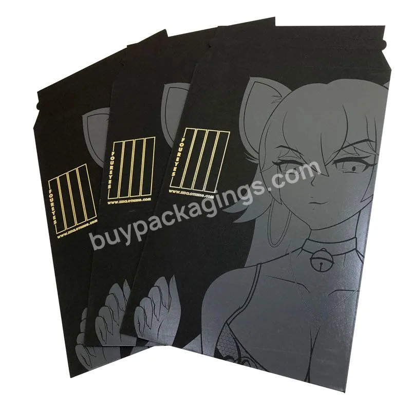Custom Rigid Black Cardboard Envelopes Mailer Hard Silver Foil Stamping Logo Printed Stay Flat Black Envelopes