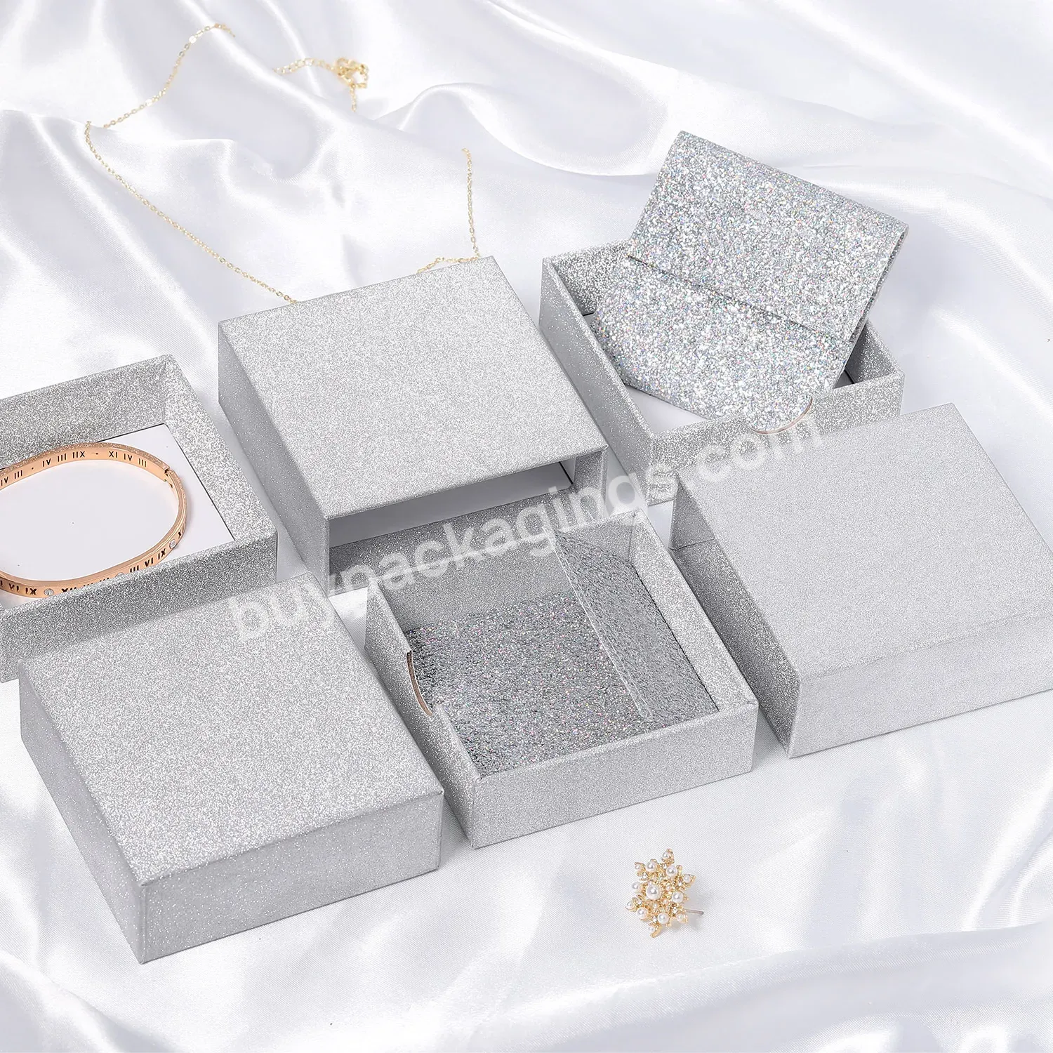 Custom Silver Paper Cardboard Ring Drawer Packaging Ribbon Jewelry Box And Bag With Logo Printed Drawer Box With Pouch