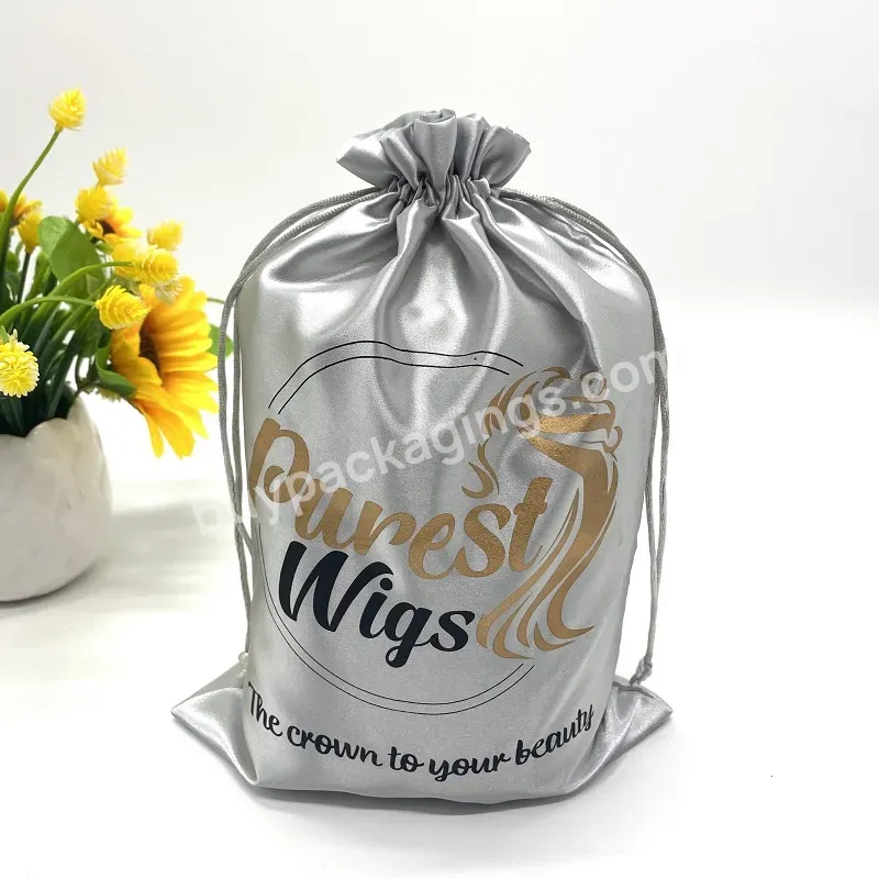 Custom Silver Satin Packaging Wig Hair Extension Satin Drawstring Bag Silk Clothes Shoes Gift Dust Pouch