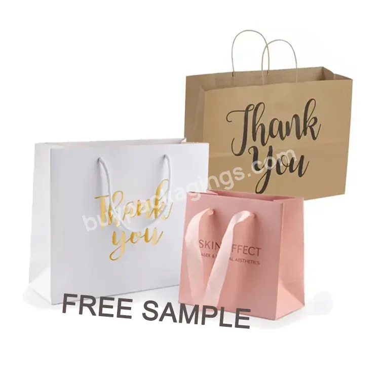 Custom Size Gold Foil Plating Shinny Letters Logo Thanks You For Celebrating With Us White Kraft Paper Gift Bags With Handles