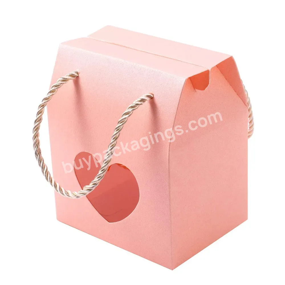 Custom Size Wedding Birthday Wrap Candy Gift Boxes With Heart Clear Window And Rope Pink Portable Handle Foldable Paper Bag