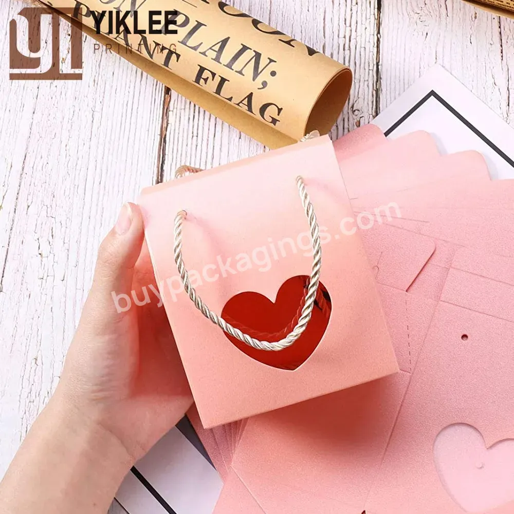 Custom Size Wedding Birthday Wrap Candy Gift Boxes With Heart Clear Window And Rope Pink Portable Handle Foldable Paper Bag