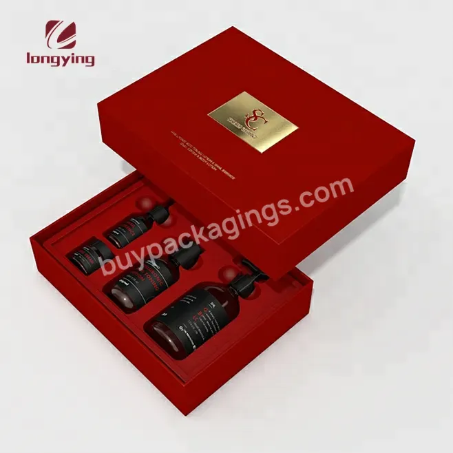 Custom Skin Care Set Packaging With Luxury Embossed Gold Foil Large Paper Box With Lid Burgundy Collapsible Cardboard Boxes