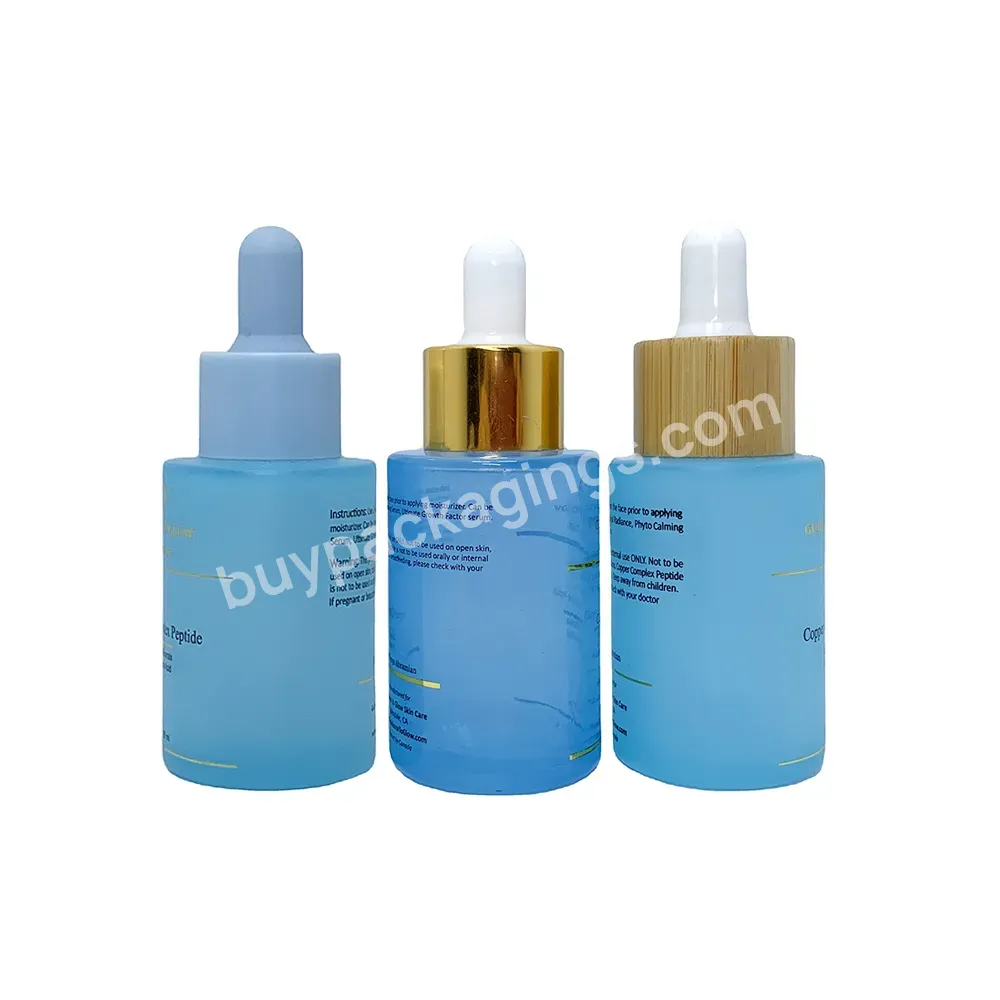 Custom Skincare Oil Bottle 30ml Glass Bottle With With Dropper Flat Blue Glass Dropper Bottle For Serum Oil Packaging