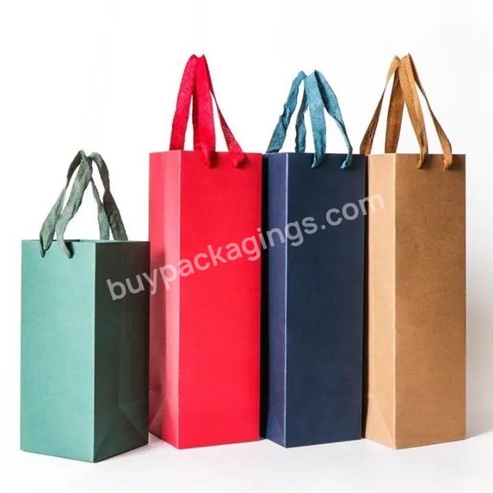 Custom Small Gift Wine Kraft Paper Bag With Nylon Ribbon Single Double Bottle Bag Portable Wedding Oil Bottle Carrier Package