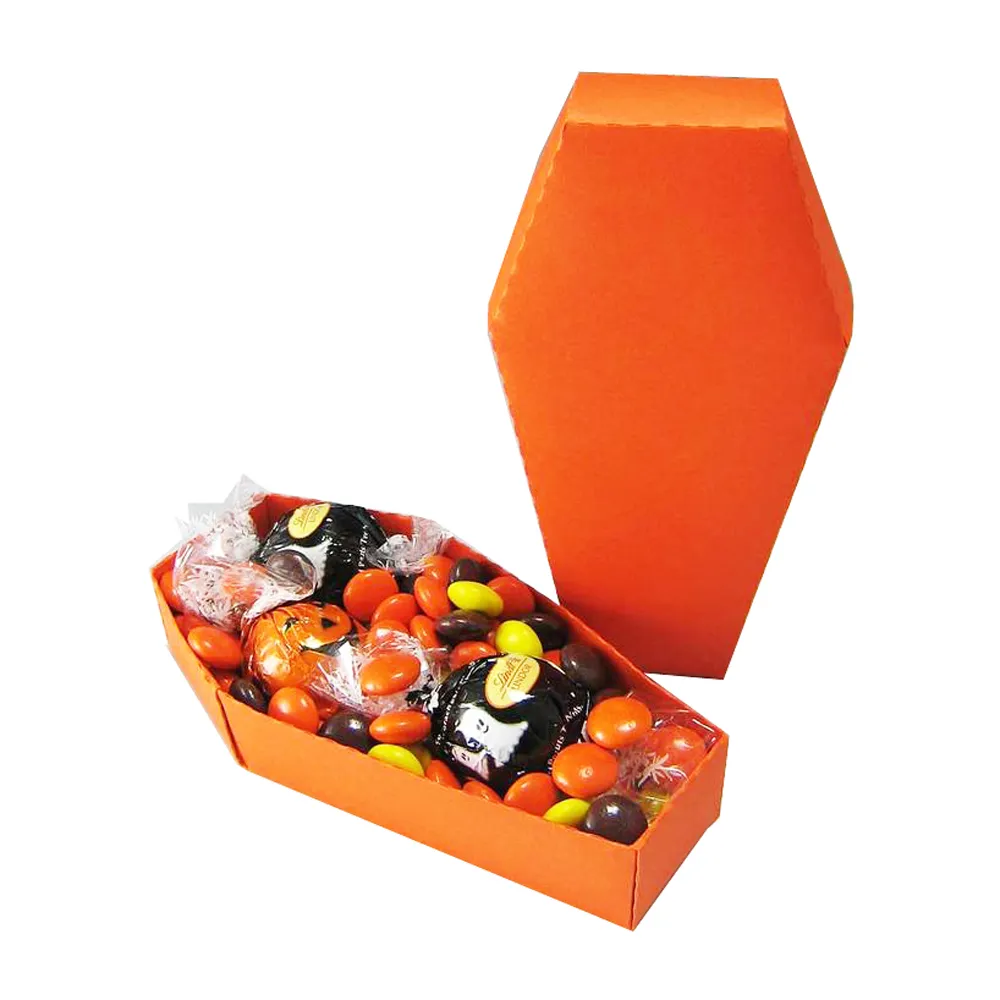Custom Special design coffin shape orangeblack candy  treat box for Halloween