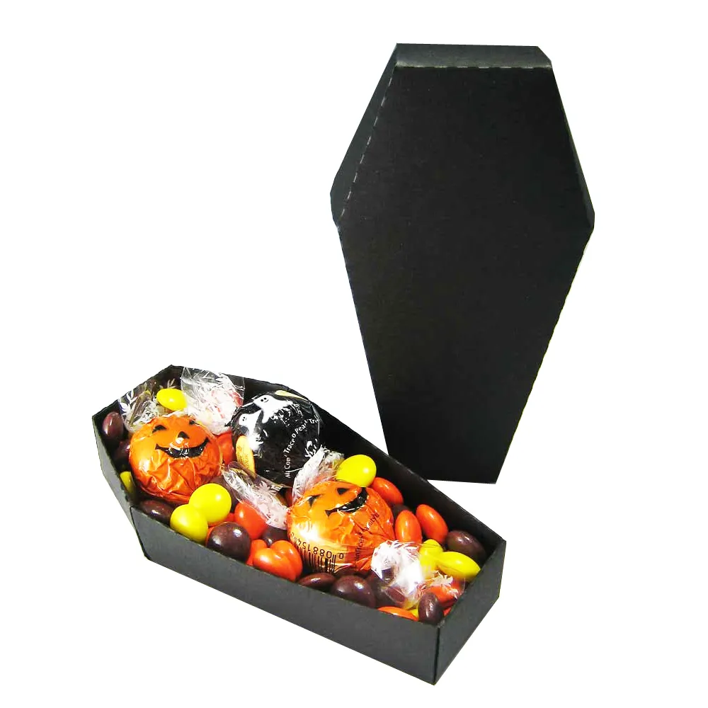 Custom Special design coffin shape orangeblack candy  treat box for Halloween