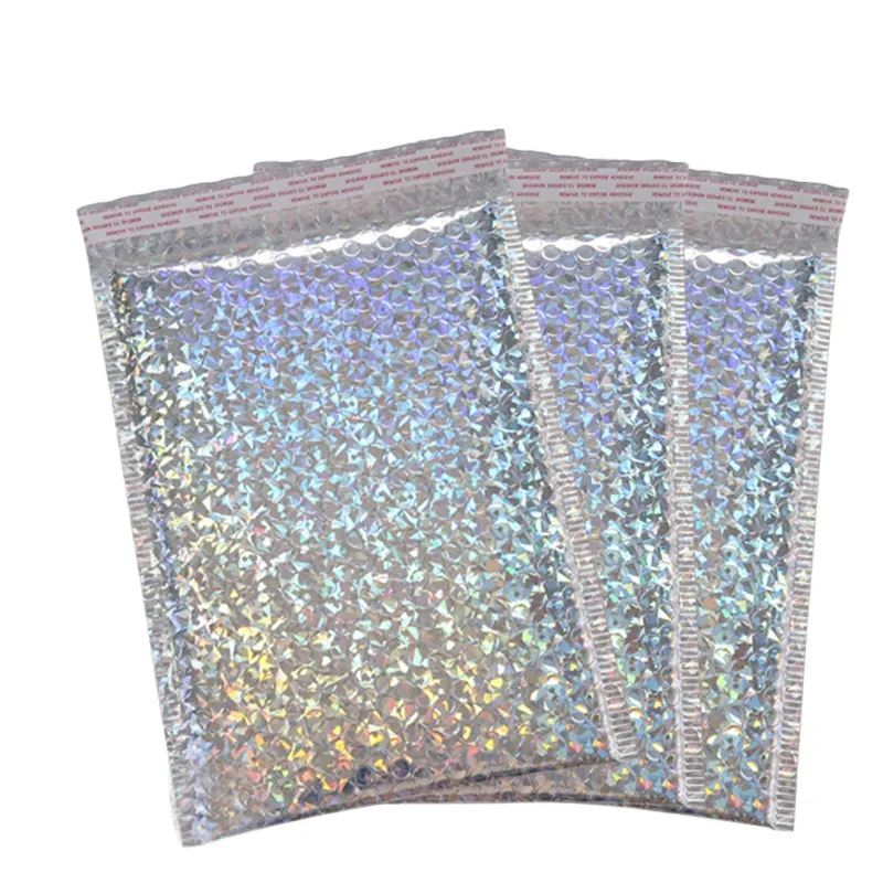 Custom Square Plastic Air Laser Colorful Express Hologram Holographic Rose Gold Bubble Envelopes Mailing Mailer Bag For Jewelry