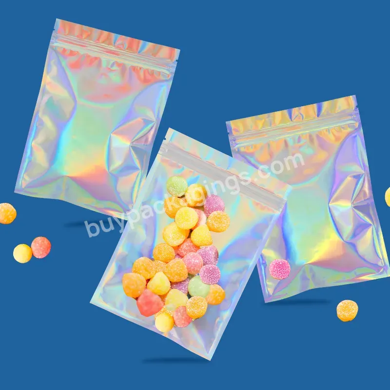 Custom Stand Up Food Storage Small Ziplock Smell Proof Resealable Bags Holographic Rainbow Color Clear Front Foil Bags Airtight - Buy Ziplock Bags For Food Packaging 3.5g,Wholesale Gusset Bottom Holographic Stand Up Packaging Bags Sealable Mylar Zipl