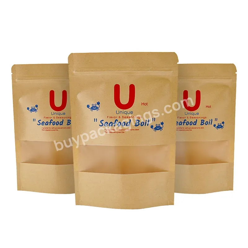 Custom Stand Up Pouch Brown Kraft Zipper Paper Bags With Clear Window For Food Cookie