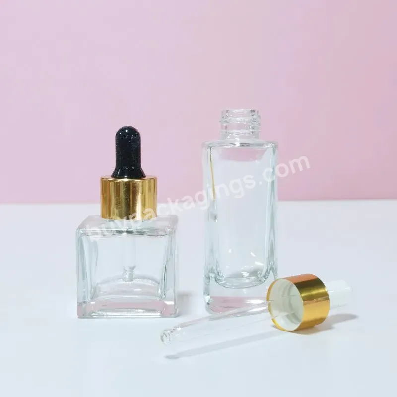 Custom Transparent Square Glass Cosmetic Bottle Skincare Packaging Moisturize 30ml Face Oil Serum Dropper Bottle