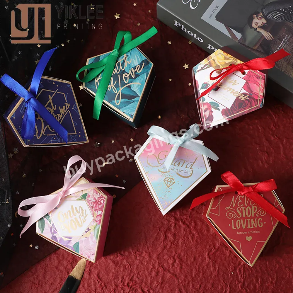 Custom Wedding Baby Shower Birthday Bags Paper Boxes Party Decoration With Bow Candy Boxes Pentagon Shape Gift Box Packaging