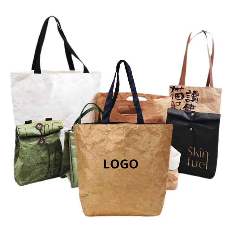 Custom wholesale recycled brown Waterproof Portable Handbag washed Shopping washable tote dupont kraft paper bags