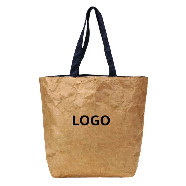 Custom wholesale recycled brown Waterproof Portable Handbag washed Shopping washable tote dupont kraft paper bags