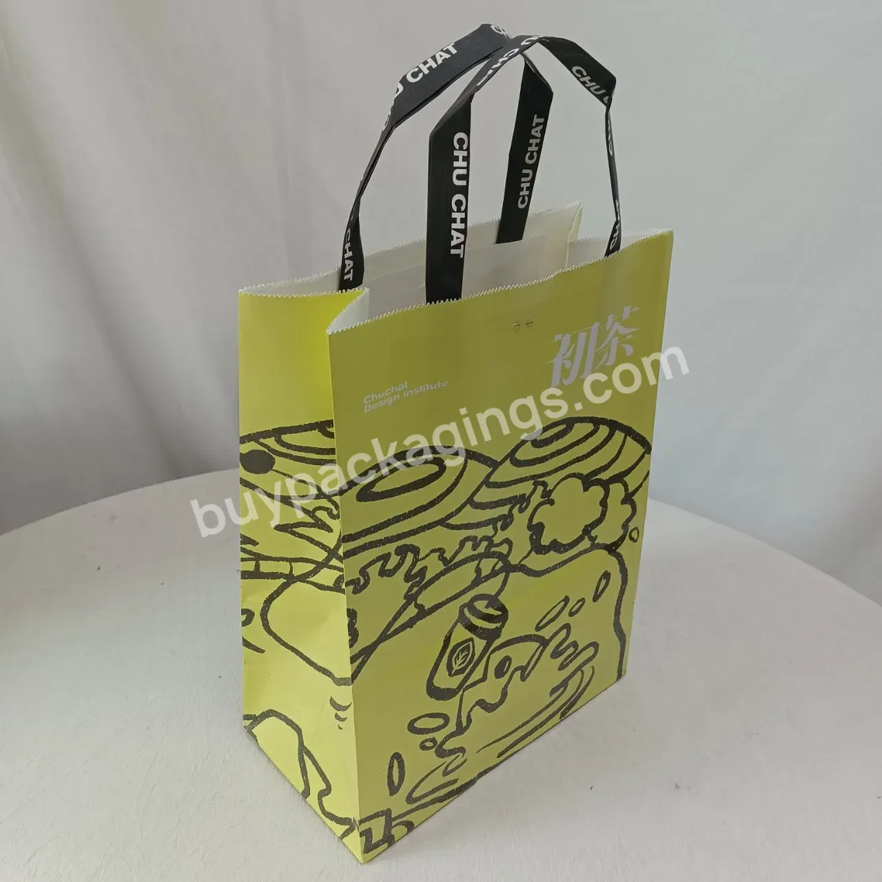 Custom Yellow Coffee Take Away Craft Paper Bag With Handle Tote Kraft Paper Bag With Coffee Cup Holder