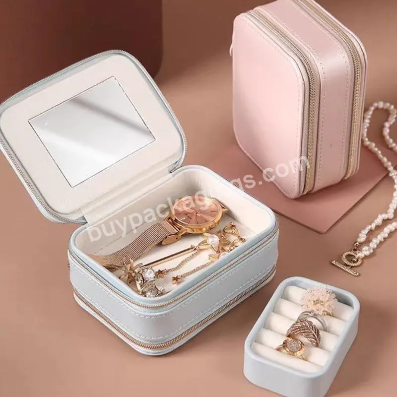 Custom zipper Jewelry Boxes Rings Earrings Necklaces PU Small Portable Travel Jewelry Box with Mirror 2 Layers Mini Jewelry Box