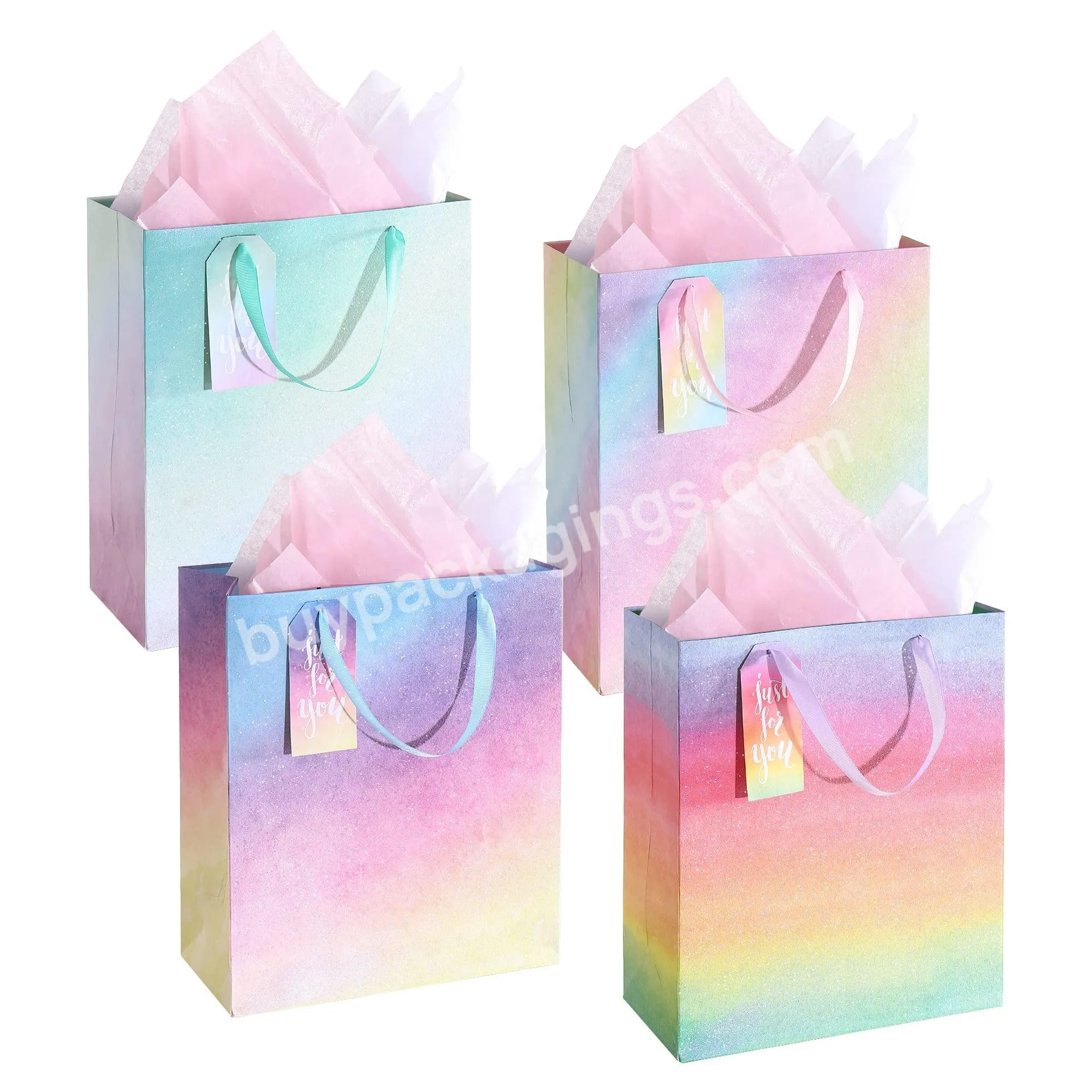 Customised Large Size Gift Glitter Colorful Paper Bag with Handles Your Own Logo with Tissue Paper for Birthdays Mothers Day