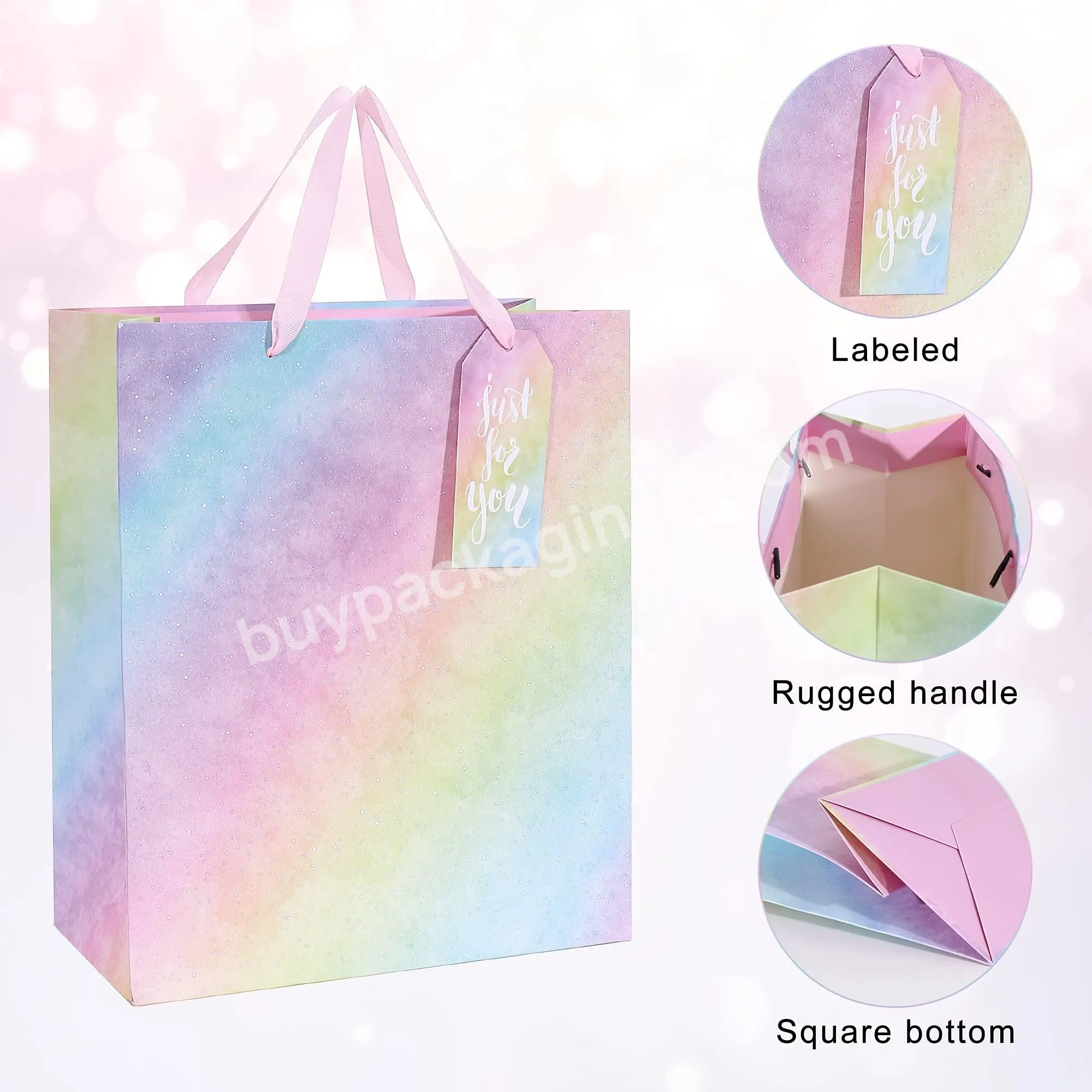 Customised Large Size Gift Glitter Colorful Paper Bag with Handles Your Own Logo with Tissue Paper for Birthdays Mothers Day