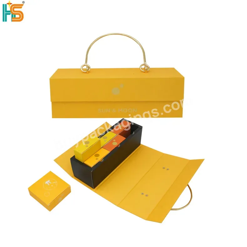 Customised Logo Moon Cake Box Packaging Design Double Layer Luxury Yellow Mooncake Paper Gift Box With Handle