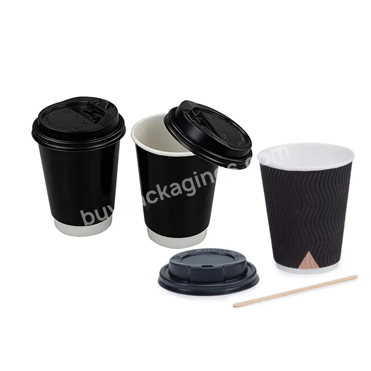 Customizable Personalized Black Double Wall Takeout Disposable 4oz 12oz Takeaway Paper Cups For Hot Coffee Juice With Lid