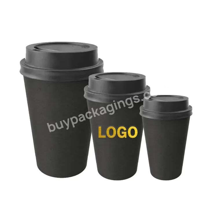 Customization Logo 8oz 14oz Biodegradable Black Takeaway Juice Coffee Packaging Double Layer Paper Cups With Lid Sleeve