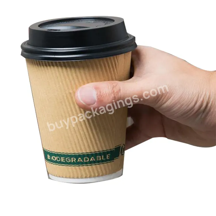 Customize 8oz 14oz Cold/hot Drink Disposable Eco Friendly Compostable Pla Coated Double Wall Ripple Paper Coffee Cups With Lid