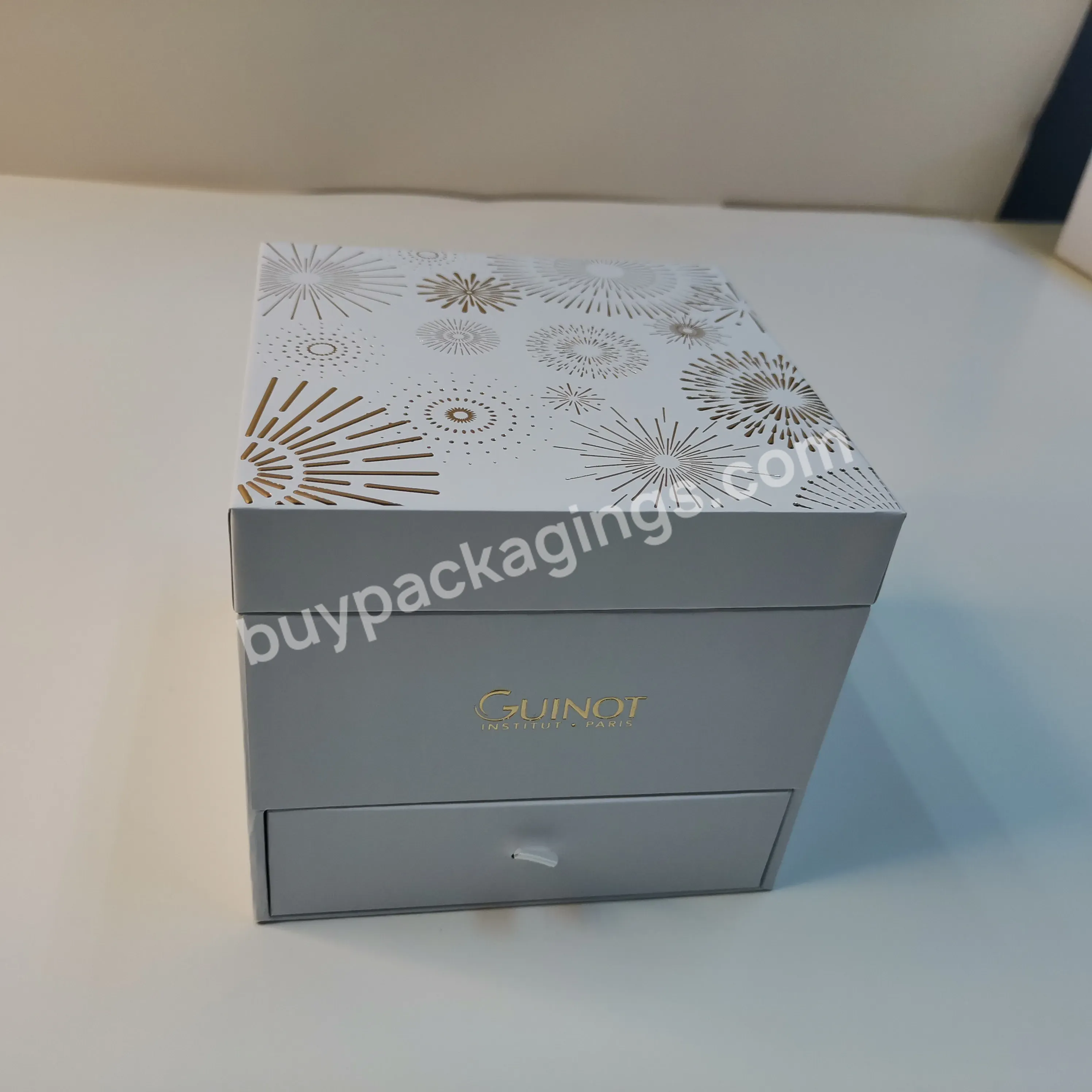 Customize Logo Premium Luxury Rigid Gift Box 2 Layers With Draw And Pet Blister Tray Gold Hot Stamp Emboss Skin Care Serum