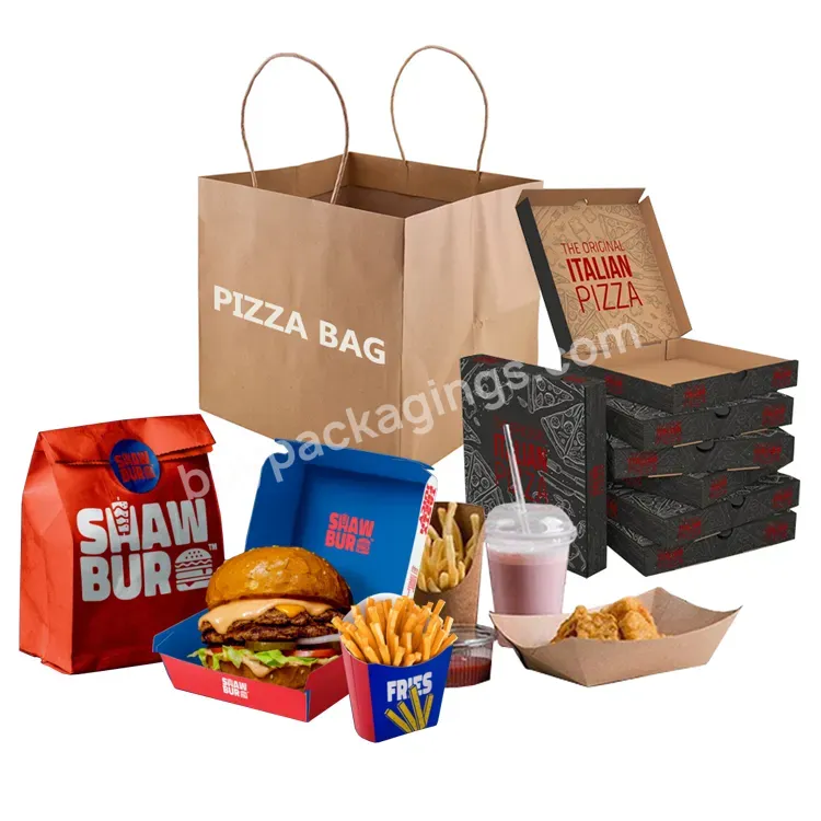 Customize Logo White Recycled Square Bottom Craft Fastfood Packaging Twisted Handle Kraft Pizza Take Out Paper Bags For Food