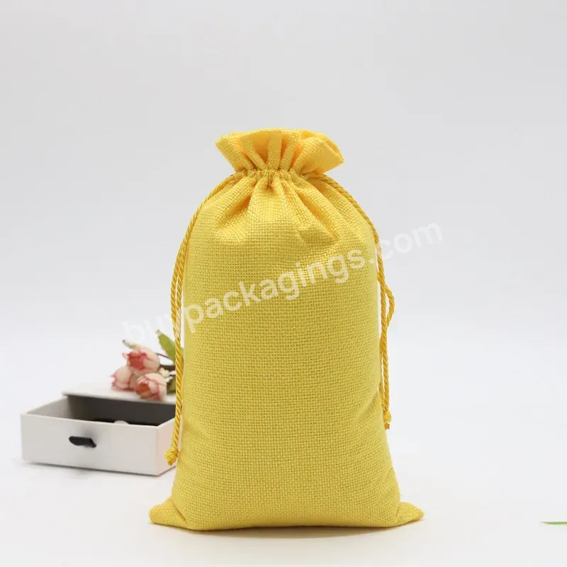 Customize Printed Drawstring Mini Jute Bag Reusable Yellow Jute Gift Shopping Packaging Bags