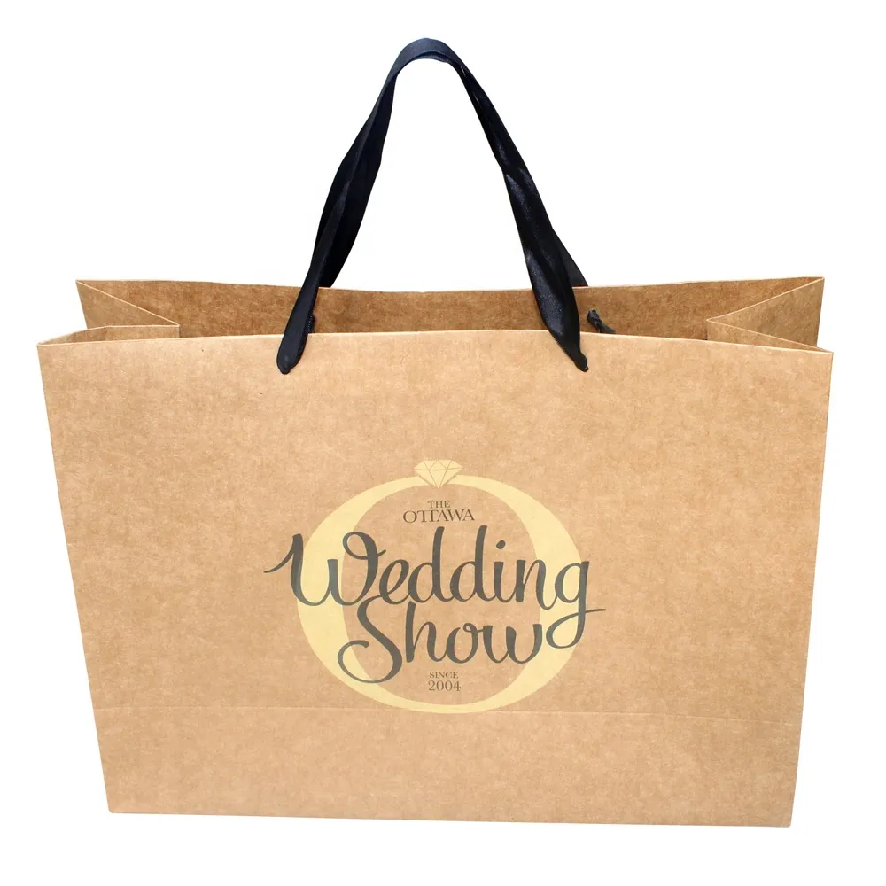 Customize Ribbon handle kraft paper Promotion Shopping bag with Design LOGO