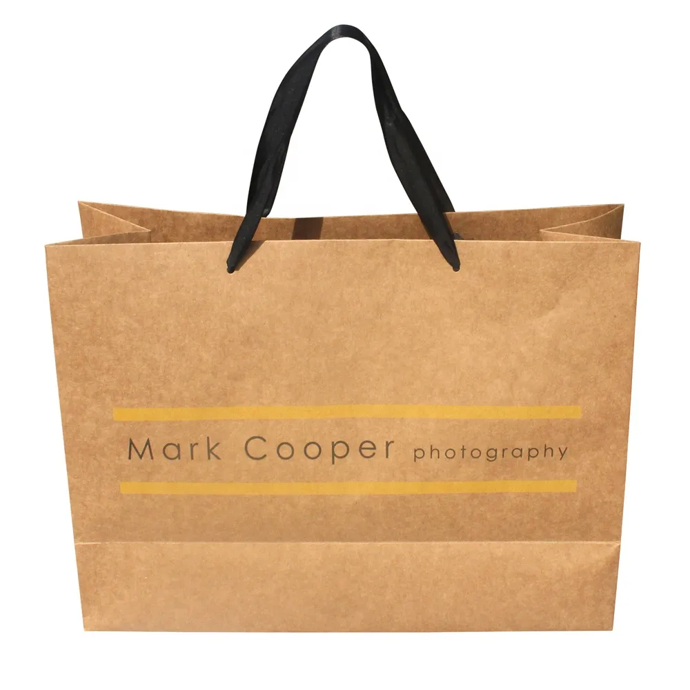 Customize Ribbon handle kraft paper Promotion Shopping bag with Design LOGO