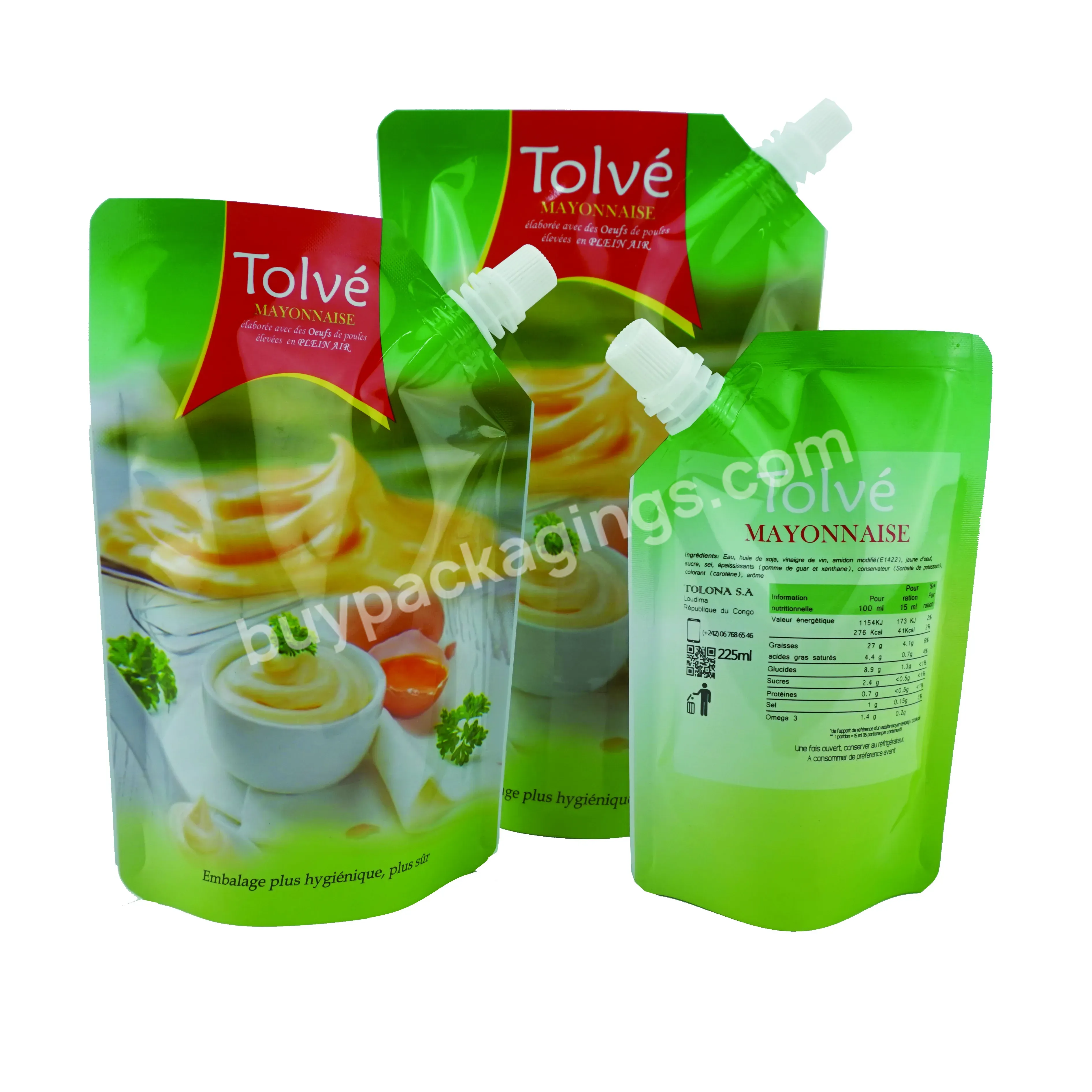 Customized 225ml 450ml 900ml Metalized Plastic Stand Up Mayonnaise Sauce Packaging Pouch With Side Spout