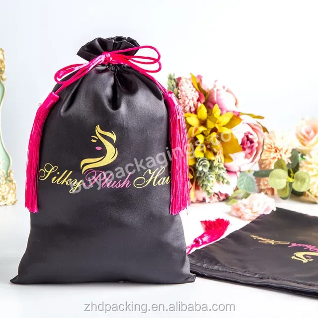 Customized Black Large Shoe Drawstring Dust Custom Logo Shoes Satin Packing Bag With Tassel