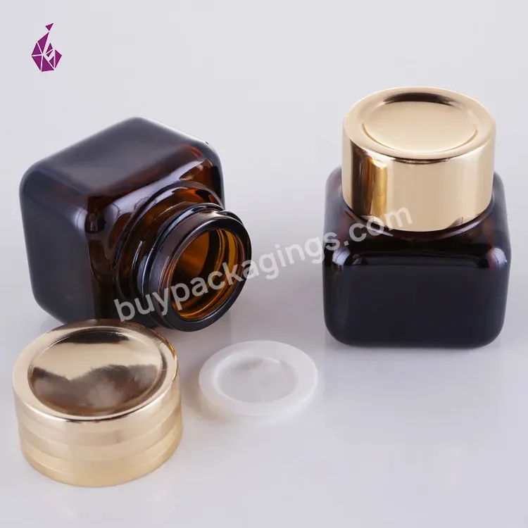 Customized Cosmetic Jar 15g Lip Scrub Container Gold Square Glass Jar With Metal Lid - Buy Brown Skin Care Packaging,Glass Jar Air Tight,Custom Glass Jar.