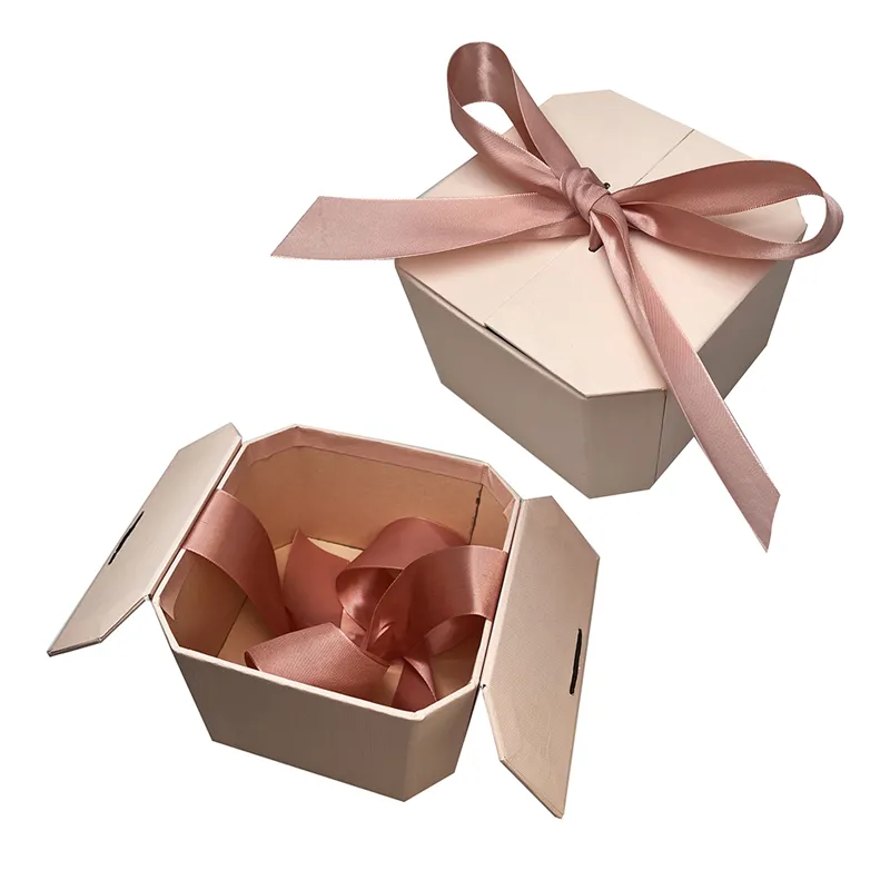 Customized double doors open pink Bonbon Chocolate hexagon textured Paper Gift Packaging Box with ribbons