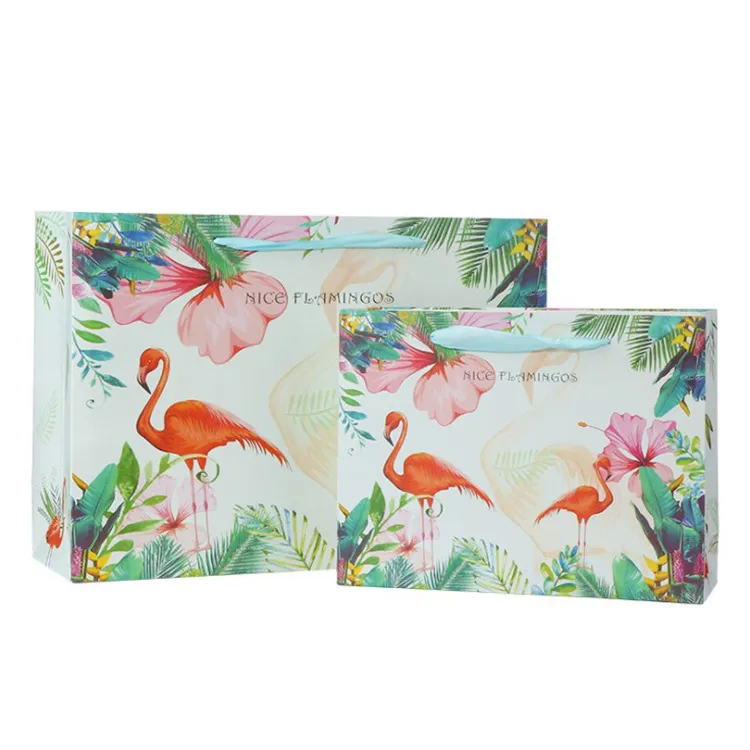 Customized fruit luxury Flamingo creative cute clothing gift paper shopping bag with grosgrain ribbon