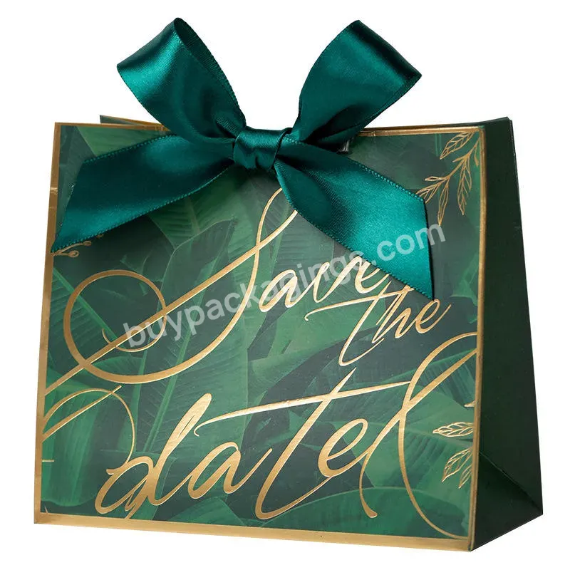 Customized High Quality Cardboard Luxury Paper Gift Bag Green Clothing With Bow Knot