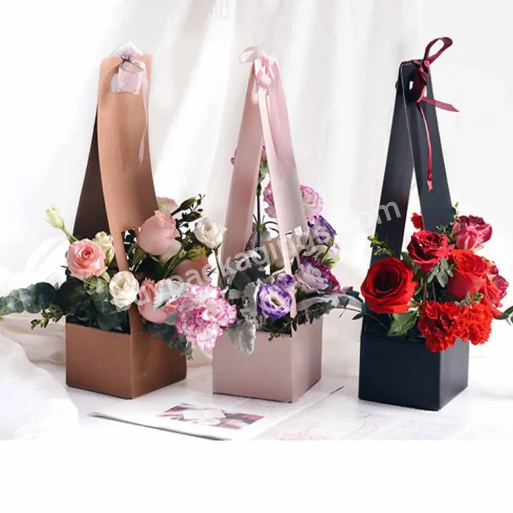 Customized Holiday Flower Art Class Diy Flower Packaging Materials Hollow Hand Carrying Bouquet Box Brown Kraft Paper Flower Box