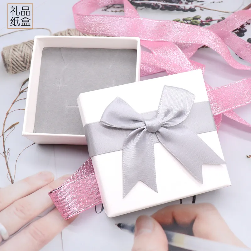 Customized Lid and Base Gift Jewelry Packaging Boxes Paper Earrings Necklace Box with Bow