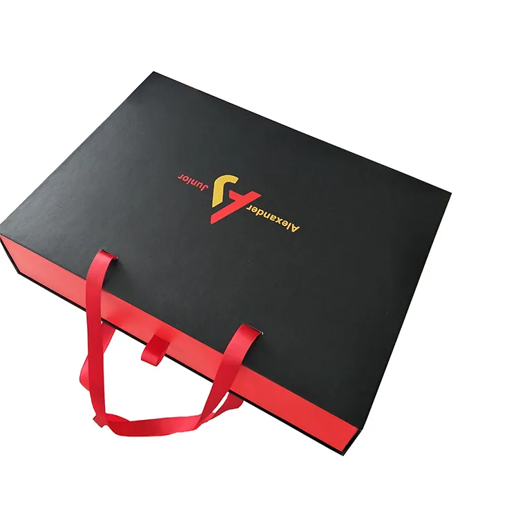 Customized Logo Black Ribbon Handle Luxury Paper Drawer Boxes Sliding Box For Clothes Packaging