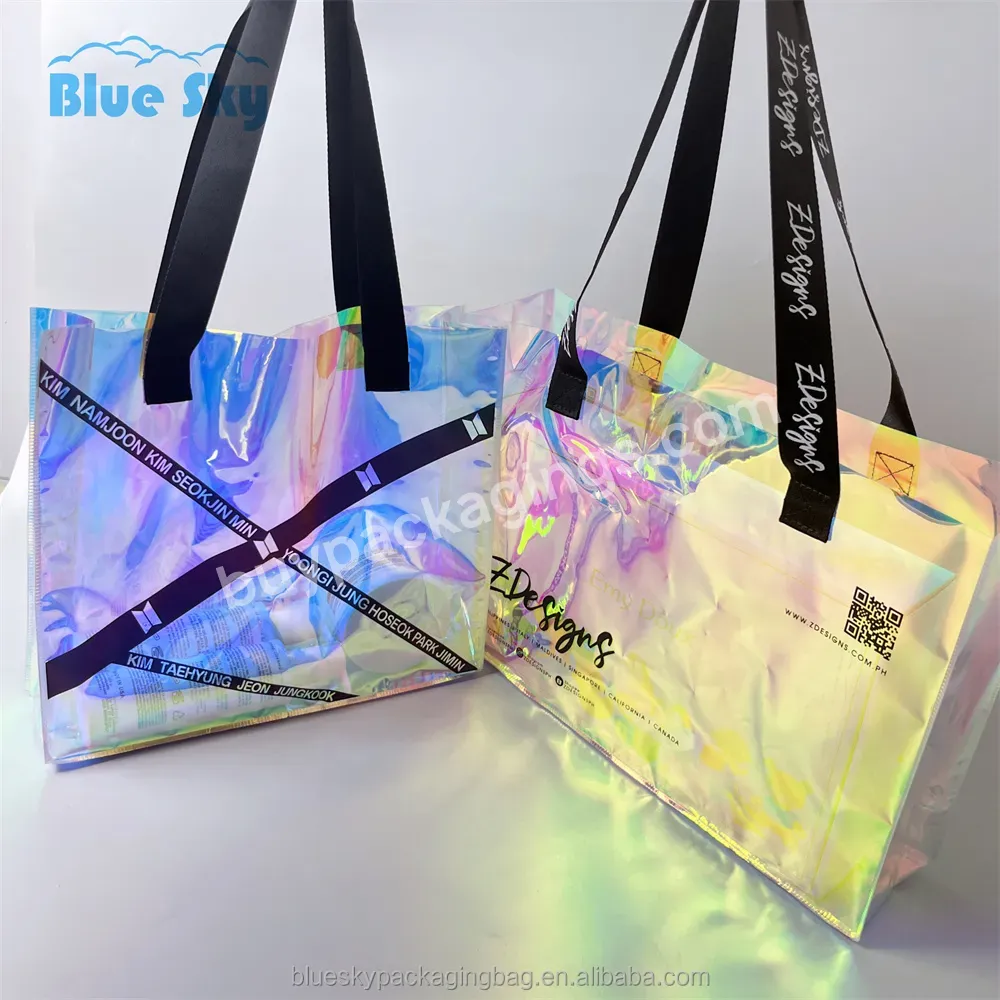 Customized Logo Shopping Bags Handbag Waterproof Pvc Tpu Holographic Long Shoulder Straps Tote Bag