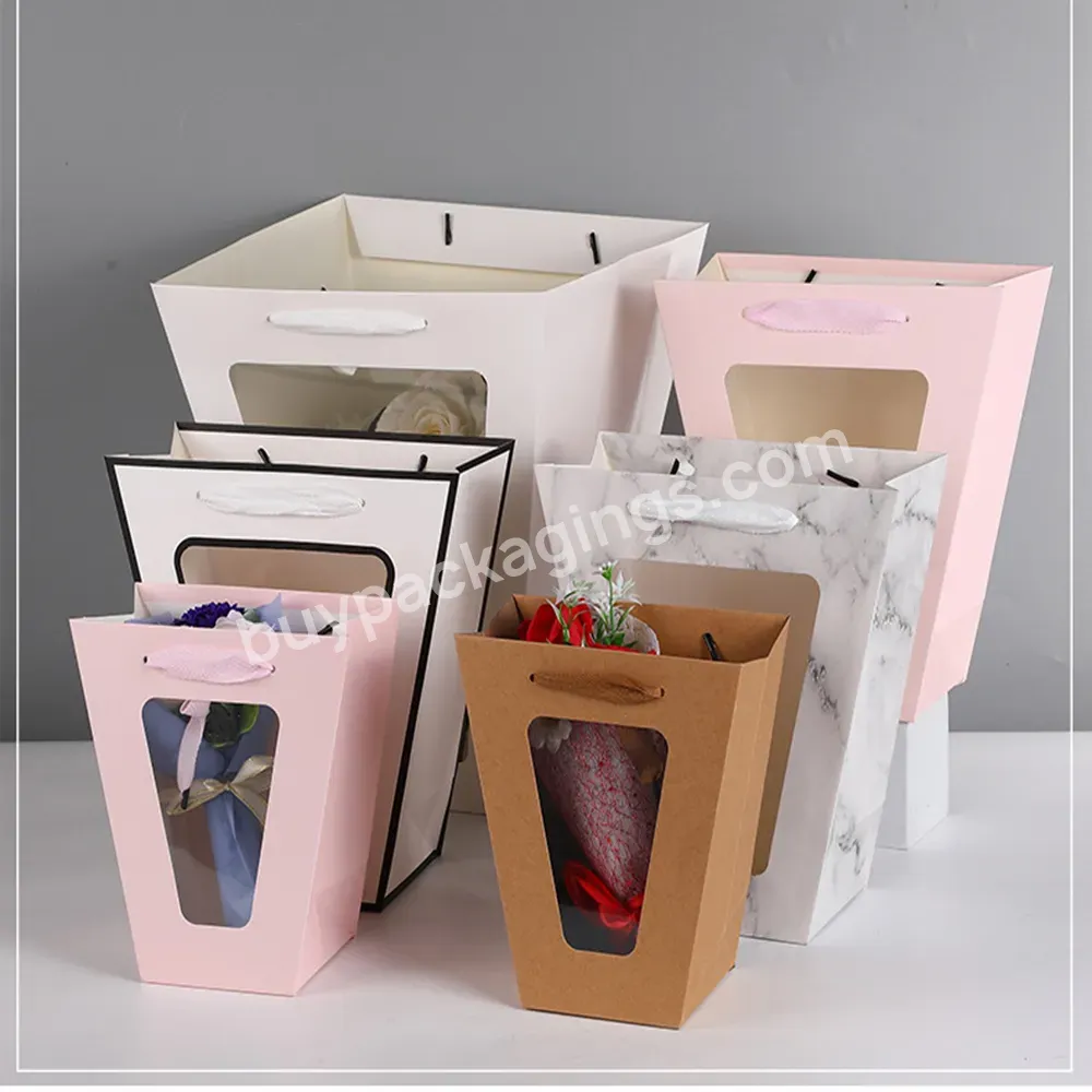 Customized Luxury Design Trapezoid Flower Box Wedding Party Gift Box Paper Flower Bags Tote Bage Paper With Window