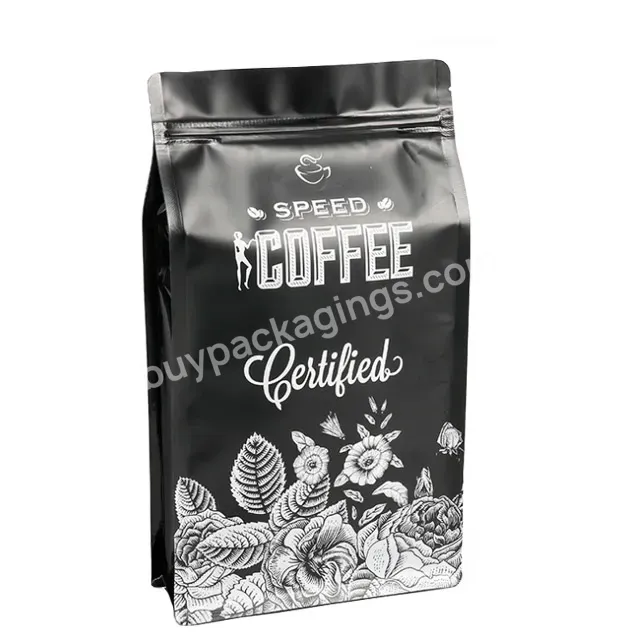 Customized Matt Black Laminated Plastic Aluminum Lined Flat Bottom Pouch Food- Grade Coffee Bag Packaging 500g 1pound 16oz