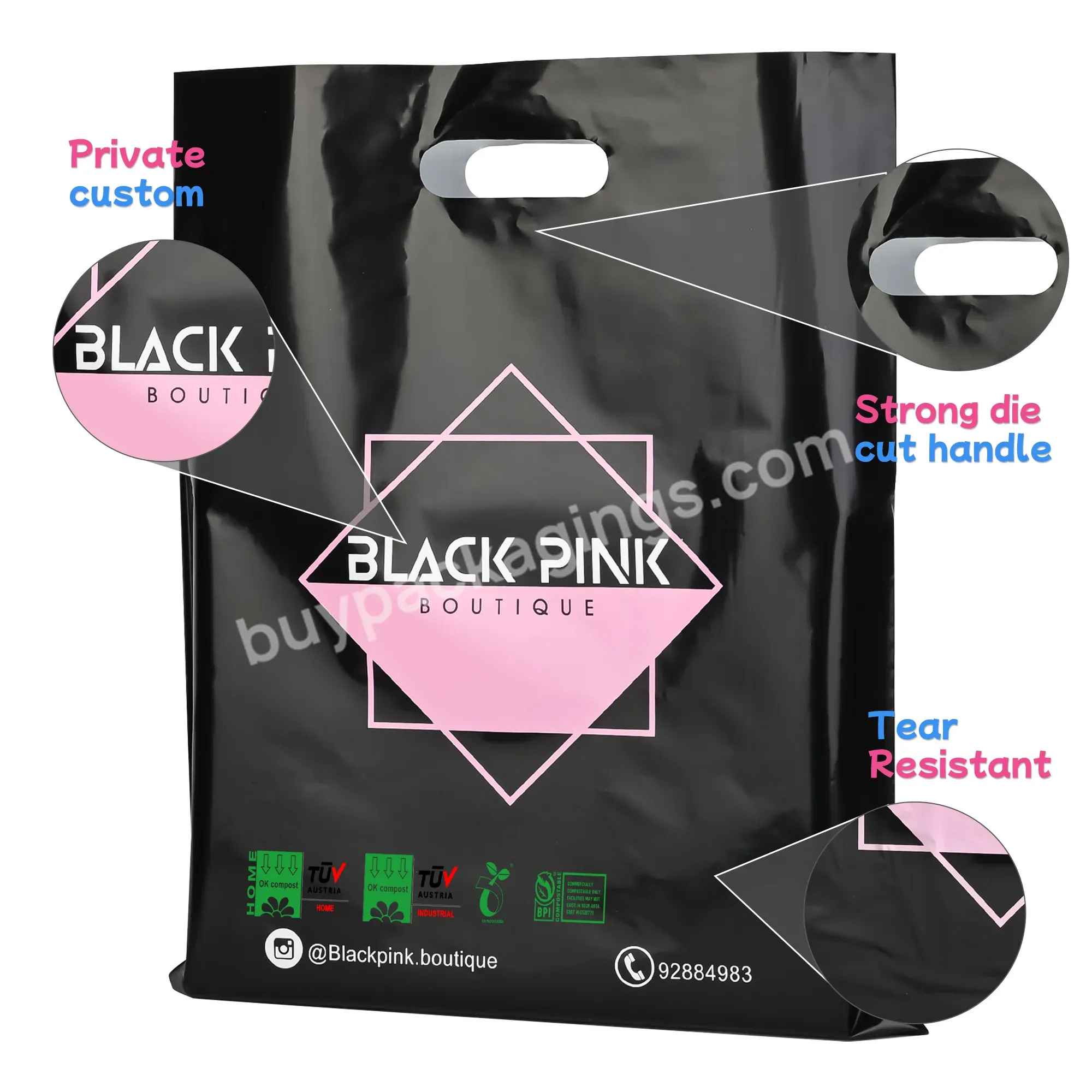 Customized Plastic Shopping Bags Logo Printed Biodegradable Eco Compostable Thank You Black Plastic Shopping Bag With Handle