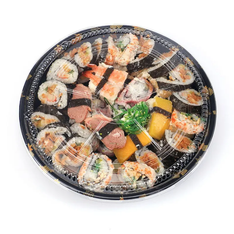 Customized Printed Catering Retail Foldable Compartment Disposable Box Delivery Plastic Round Fast Food Sushi Tray Packaging