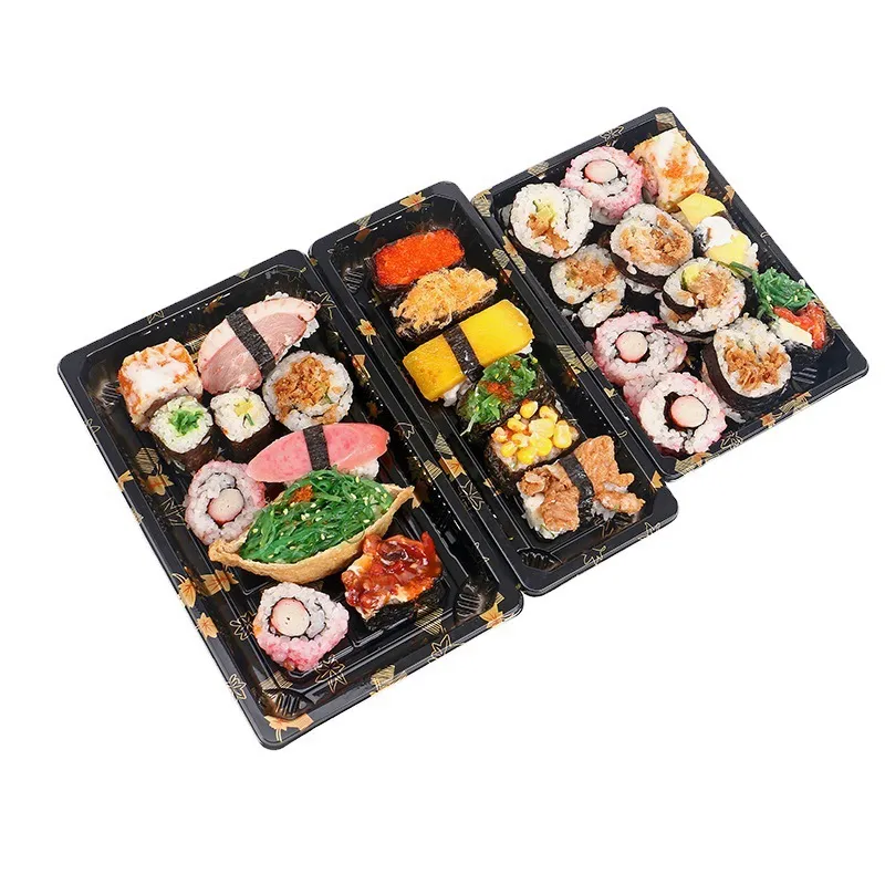 Customized Printed Catering Retail Foldable Compartment Disposable Box Delivery Plastic Round Fast Food Sushi Tray Packaging