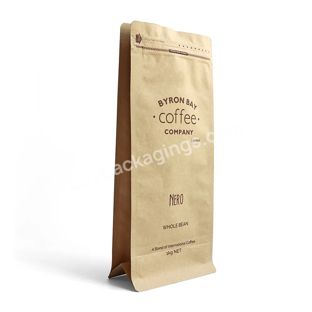 Customized Printed Custom Design Recyclable Coffee Bean Bags Flat Bottom Kraft Paper Coffee Bag With Valve 1kg
